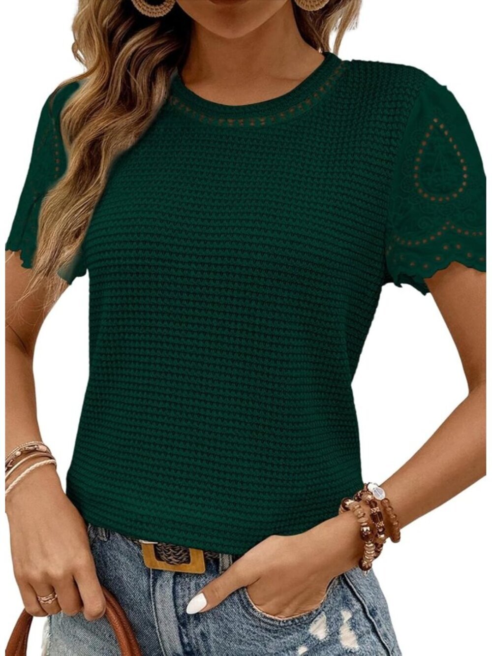 Women's Green T Shirts Frenchy Summer Tops Crewneck Short Sleeve Top Shirts